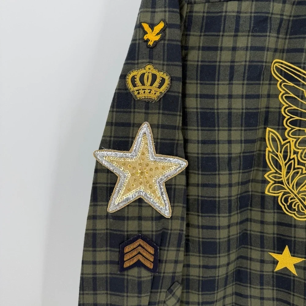 Two Thirty One Military Theme Patched Plaid Boyfriend Shirt Size M - Picture 10 of 11